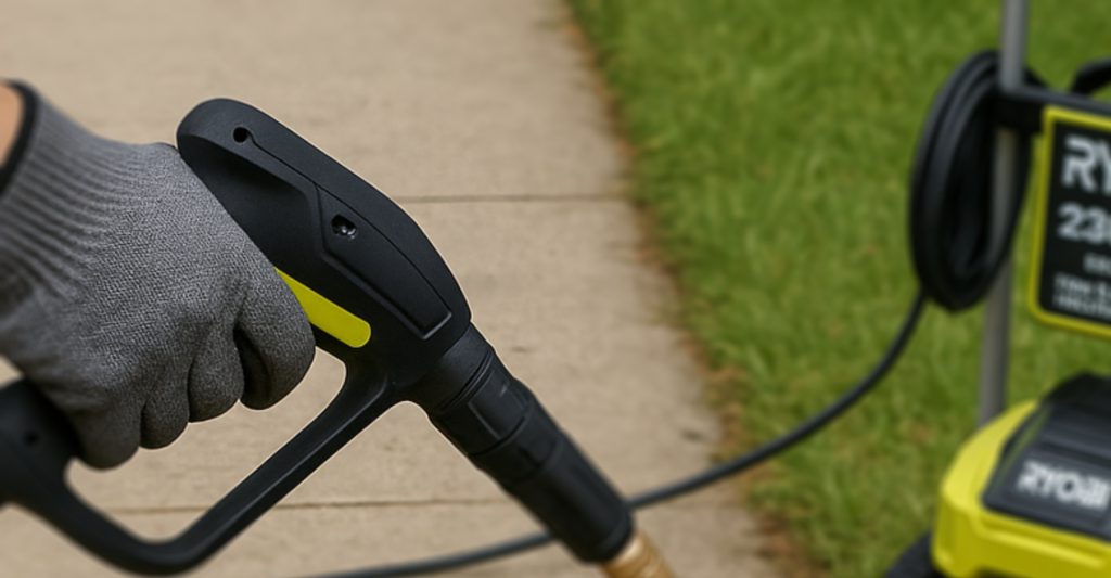 A man power washes his patio in gloves with Ryobi washer.